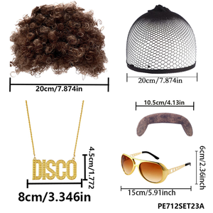 Accessoires de tenue des années 1970 : <span class=keywords><strong>Perruque</strong></span> afro brune avec filet à cheveux, fausse moustache, collier disco doré, lunettes de soleil vintage, fête sur le thème du disco - Product Image 3