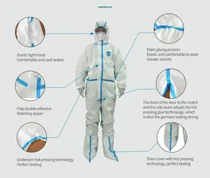 Ppe Personalizado Macacões Descartáveis Hazmat Suit Vestuário De Segurança Médica 65 gsm Kit Coverall Com Boot Cover Coverall Descartável