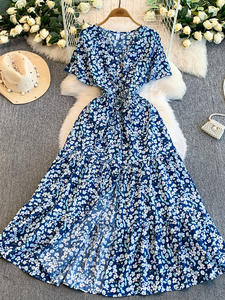 Abito Lungo da Donna Autunno Inverno Stile Francese Leggero Maturo Dolce Floreale con Scollo a V Antistatico Vita Alta Snellente con Volant - Product Image 1