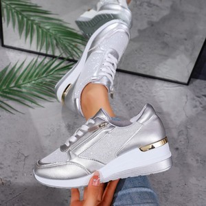 Baskets compensées pour femmes avec fermeture éclair latérale et paillettes, chaussures de marche décontractées - Product Image 6