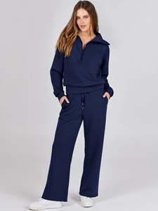 Casual Comfortable Half Zip Tracksuit <b>Women</b> Custom Logo Stand Collar Sweatshirt and Wide Leg Pants 2 Piece Sportswear Set - Product Image 4