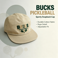 Casquette de sport beige à 5 panneaux avec broderie Bucks Pickleball, cordon réglable sur le devant, idéale pour le camping, le vélo, les jeux et le quotidien