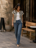 Cardigan en tricot court à rayures noires et blanches pour femme, col rond, manches courtes, boutonné, vente en gros