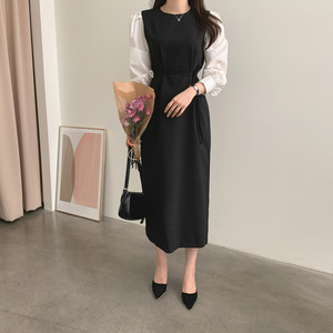 Abito <span class=keywords><strong>Midi</strong></span> Coreano Primavera 2025, Nuovo Arrivo, Elegante Stile Francese con Cuciture a Contrasto, Maniche Lunghe, Allacciatura in Vita, Linea ad A, Tinta Unita 104 - Product Image 6