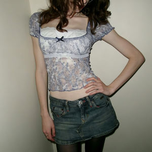 Sheer Mesh Floral <b>Patchwork</b> Ruffle Double-Layer Collar Slim Fit Short Sleeve T-Shirt Pure Desire Girly Summer Crop <b>Top</b> - Product Image 2