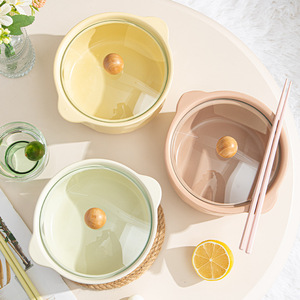 Bol à soupe de nouilles instantanées en céramique de haute qualité, rond, 900 ml, avec couvercle, à double anse, finition mate, pour micro-ondes, en gros - Product Image 3