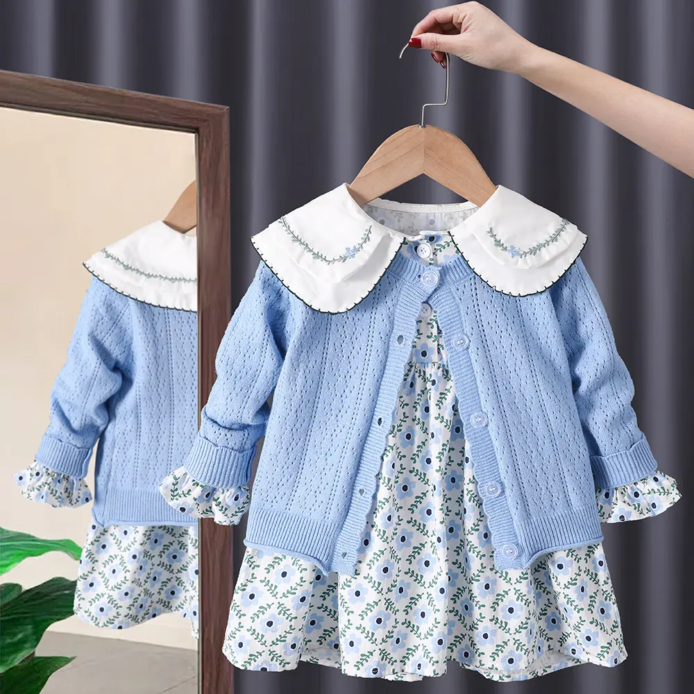 Ensemble de vêtements pour bébé fille, 2 pièces, printemps automne, vêtements pour enfants, robe florale + pull en tricot, Cardigan, vêtements d'extérieur, costume pour tout-petits