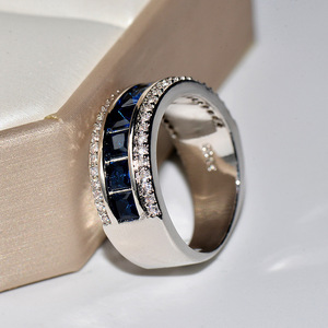 Princess Cut Simulated <b>Sapphire</b> Band <b>Ring</b> 925 Silver Rhodium Plated Micro Pave <b>White</b> CZ Wide Wedding Band For her - Product Image 4