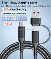 Kabel Pengisian Cepat 2-in-1 USB-C + USB-A Nylon Braided Type-C 3A 60W untuk iPhone 15/16 Konduktor Tembaga Murni