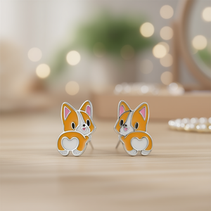 Boucles d'oreilles clous en alliage de zinc E3706, motif Corgi de dessin animé, or blanc, unisexe, cadeau mignon, bijoux tendance - Product Image 2