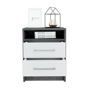 Nightstand 20H Two <b>Drawers</b> Smokey Oak White Metal Handles <b>Storage</b> <b>Drawer</b> - Product Image 3