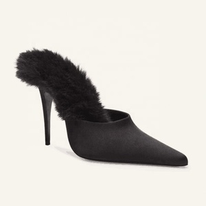 Sandales pour femmes, grandes tailles 45, styles personnalisés, à talons aiguilles fins et hauts, pour soirée, coupe large, mules à fourrure moelleuse - Product Image 6