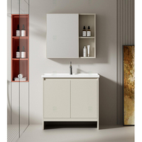 Projet de vente en gros meuble de toilette de salle de bain flottant à mur en contreplaqué avec lavabo en céramique et miroir