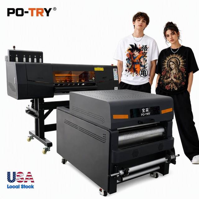 USA Warehouse PO-TRY 60cm Dual Heads I3200 Full-Automatic Roll-to-Roll DTF Printer Pigment Ink Heat Transfer Shaker and Dryer