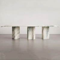 Table à manger rectangulaire moderne en marbre veiné vert, plateau flottant, base en pierre ondulée, mobilier de salle à manger de luxe, maison de rêve