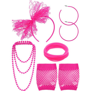 Ensemble d'accessoires de fête rose fluo : Bandeau, boucles d'oreilles, collier, bracelet, gants résille – Accessoires de déguisement pour femme - Product Image 1