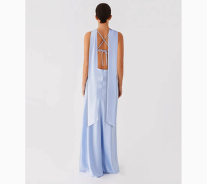 Robe jaune et bleue sans manches, col choker, coupe fourreau ajustée, bretelles spaghetti, couleur unie, élégante pour soirée d'été - Product Image 6