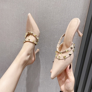 Sandalias de Tacón Alto Stiletto con Punta y Correa en el Tobillo, Diseño Moderno 2024, para Verano, con Remaches, para Celebridades de Internet - Product Image 4