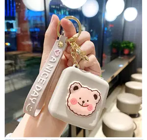 Wholesale Lovely rubber silicone pvc hand rope wallet cute square cartoon mini backpack coin purse with holder