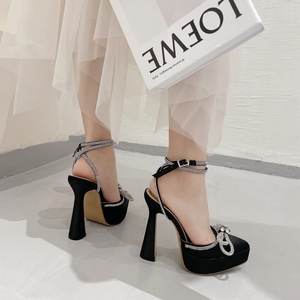 Hot-selling 2025 Spring New Lace-up Rhinestone Bow Thick High-heeled Single <b>Shoes</b> Factory Spot Women's <b>Shoes</b> - Product Image 3