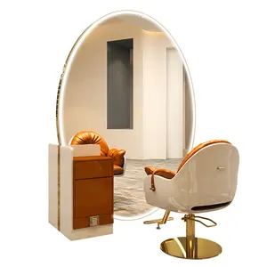 Modern beauty hair salon styling mirrors big oval double sided barber station with led light