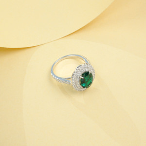 Factory Price 925 <b>Silver</b> Lab Created <b>Emerald</b> <b>Ring</b> Double Halo Paved Stone Bridal Statement <b>Ring</b> K - Product Image 3