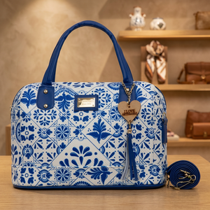 Sac fourre-tout matelassé pour femme Marchenstreet, motif ethnique bleu et blanc, taille moyenne, fermeture éclair, usage quotidien - Product Image 2