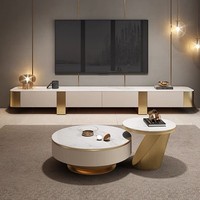 Meubles de salon de luxe au design moderne, en bois et métal doré, avec plateau en pierre frittée, ensemble de meuble TV et table basse
