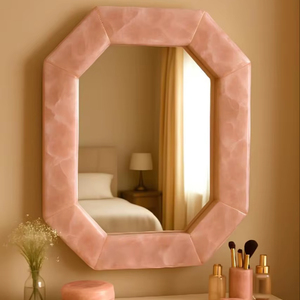 Espejo de Cuarzo Rosa, Espejo Octogonal, Artesanía India, Decoración de Pared de Baño de Lujo Hecha a Mano y Piedra Enmarcada Real - Product Image 1
