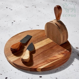 Plateau de service rond de luxe en bois d'acacia pour charcuterie, apéritifs, desserts, plateau à fromage en bois avec ensemble de couteaux - Product Image 4