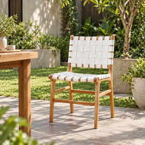 Silla de Jardín Contemporánea de Teca con Asiento y Respaldo Tejidos en Blanco, Patas Cónicas, Muebles de Exterior Duraderos - Product Image 1