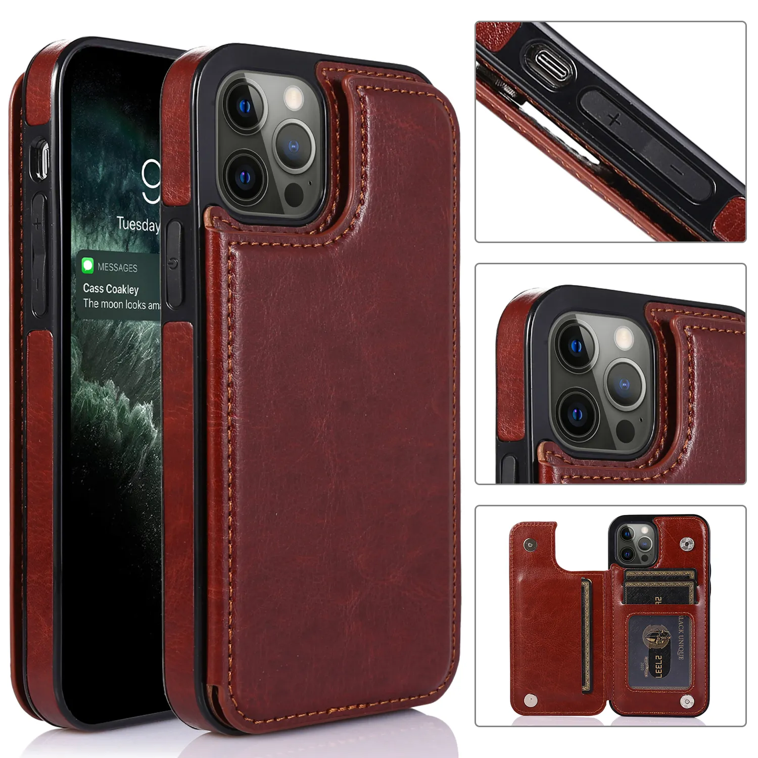 Manufacture Customize Embossed Logo Leather Mobile Phone Case for iPhone 14 13 12 Pro max Card Holder Wallet Cover