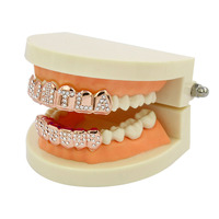 En gros Grillz dentaire complet avec lettres en strass, plaqué or, or rose et argent, style Hip Hop, pour dents supérieures et inférieures