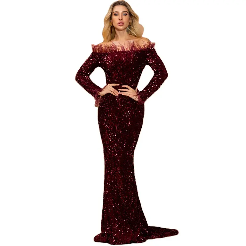 Elegant Feather Long Sleeve Women Night Dress Sequin Solid Color Birthday Party Dress High Waist OEM Long Girls Dresses