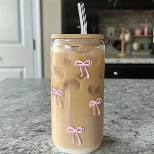 500 ml Pembe Kurdeleli Sevimli Cam Bardaklar, Kapaklı ve Pipetli, Buzlu Sütlü Kahve, Smoothie, Kokteyl, Matcha, Meyve Suyu için Bardak - Product Image 1