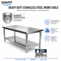 Table de travail robuste en acier inoxydable 304 CFT avec étagère supérieure réglable, table de préparation à 2 niveaux pour cuisine commerciale, laboratoire, atelier
