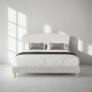 Modern European <strong>White</strong> Teddy Boucle Upholstered Platform Bed Curved Wing Headboard Solid <strong>Oak</strong> Legs <strong>Bedroom</strong> <strong>Furniture</strong> - Product Image 4