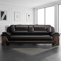 Ensemble de canapés de bureau avec revêtement en cuir et finition en bois pour bureau, 3 places, 2 places, fauteuils, capitonnage horizontal, canapé noir