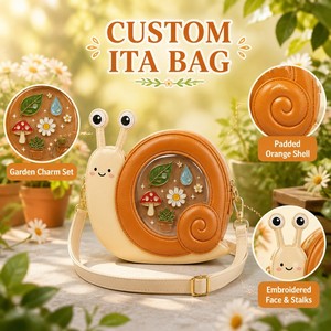 Sac à dos Ita personnalisé mignon en forme d'escargot, corps crème, coque rembourrée orange, en similicuir texturé, avec fenêtre ronde transparente et breloque scintillante, style Kawaii - Product Image 4