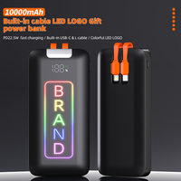 Batterie externe portable 10000 mAh haute capacité avec logo lumineux personnalisé, câbles intégrés, charge rapide PD 22,5 W
