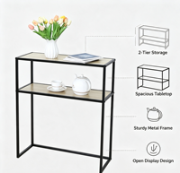 Table console simple à 2 niveaux, table étroite pour canapé, cadre en métal, étagère de rangement pour couloir, chambre à coucher, salon