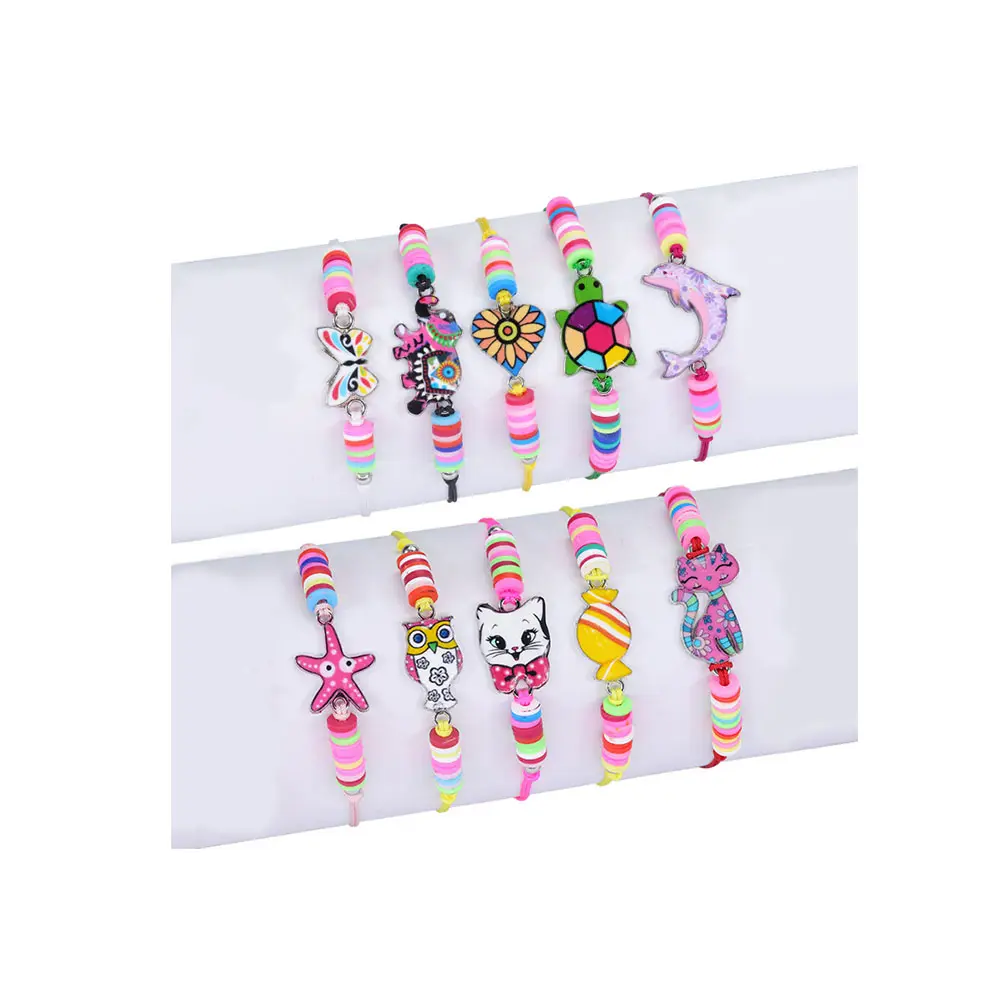 Children Cute Wholesale Low Price Colorful Polymer Clay Bead Jewelry Braided Rope Starfish Turtle Butterfly Charm Kids Bracelets