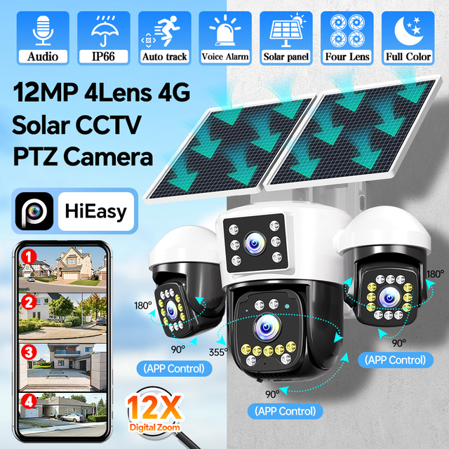 12MP 4 Lens 4G Solar PTZ Camera AOV 24/7 Recording Outdoor IP66 Wireless Security CCTV Camera 12X Digital Zoom Multi Screen View