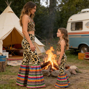 กางเกงขาบานลายเสือดาวแบบเซราเป้สำหรับแม่และลูกสาว ชุดเข้าชุดสำหรับผู้ใหญ่และเด็ก ชุดคู่แม่ลูก - Product Image 2