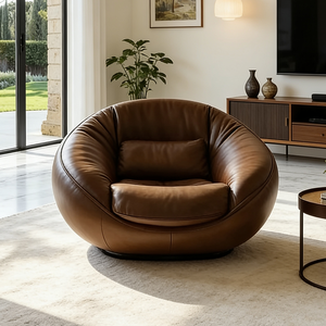 Fauteuil pivotant de salon contemporain de conception italienne en cuir marron, <span class=keywords><strong>canapé</strong></span> circulaire individuel, mobilier de luxe pour la maison - Product Image 5