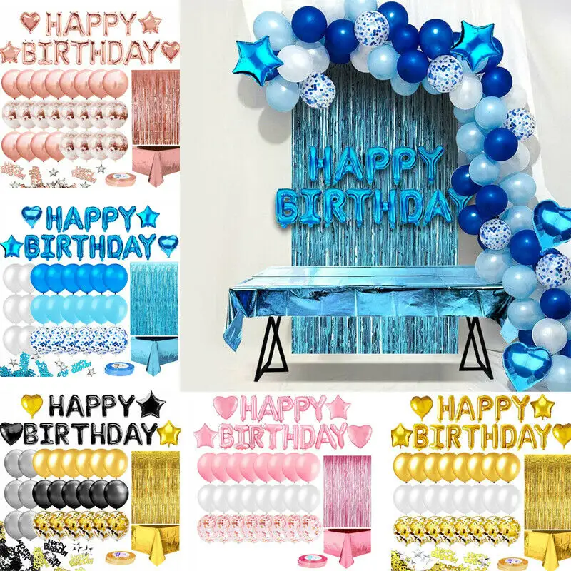 Decoración de fiesta desechable de oro rosa con globo de aluminio, cortina para adultos, cartel con borla, globos de látex para cumpleaños, suministros para fiesta