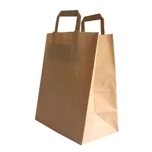 Çevre dostu çin toptan özel kağıt gıda kraft düz saplı çantalar alışveriş çantası kahverengi kraft kağıt torbalar