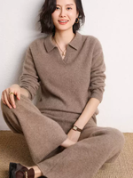 Pull en cachemire 100 % pour femme, col polo, col en V ouvert, coupe ample, manches longues, style minimaliste, décontracté, pour tous les jours