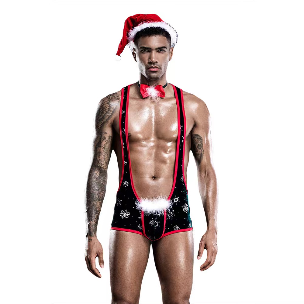 sexy christmas lingerie men Green Elf Christmas Lingerie Set with Bells and Shorts - Hot Boxer Hat and Christmas party outfit for Men main image 1