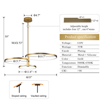 Lustre LED Moderne Doré à 3 Anneaux, Suspension Triple Cercle, Intensité Réglable, Hauteur Ajustable, Angle de Faisceau 360° pour